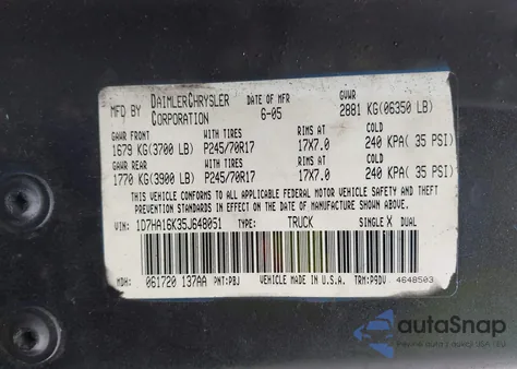 2005 Dodge Ram 1500 St z USA, uszkodzony, nr VIN 1D7HA16K35J648051